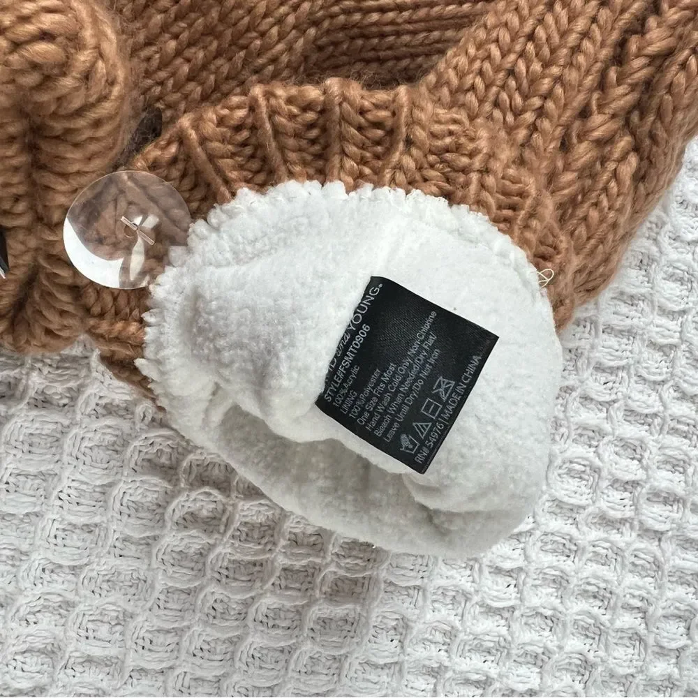David & Young NWT Cable Knit Brown Camel Cozy  Inner Fleece Lining Mittens